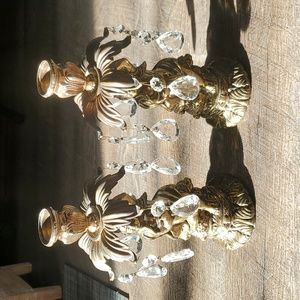 Vintage French Cherub candlestick holders with dangling crystals